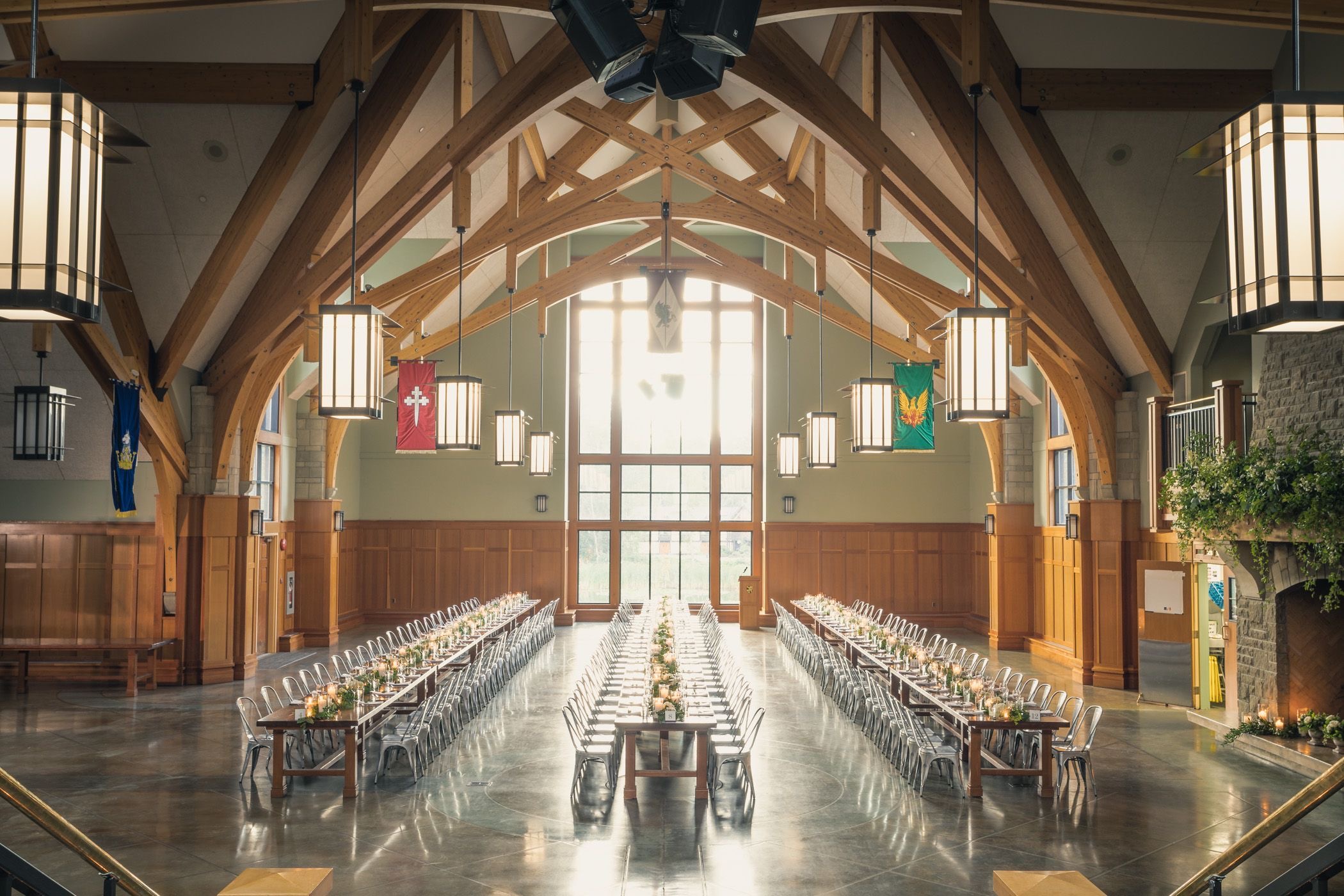 Marion Hall, Shawnigan Lake School great hall set for a banquet on polished concrete floors.