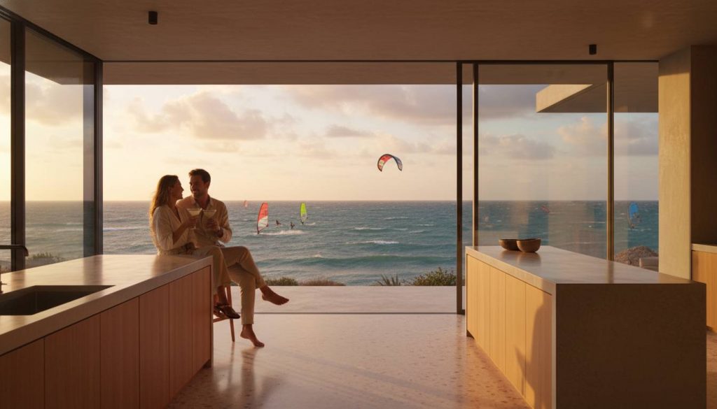 Concrete/ terrazzo by Day. Wing Foiling by Wind.